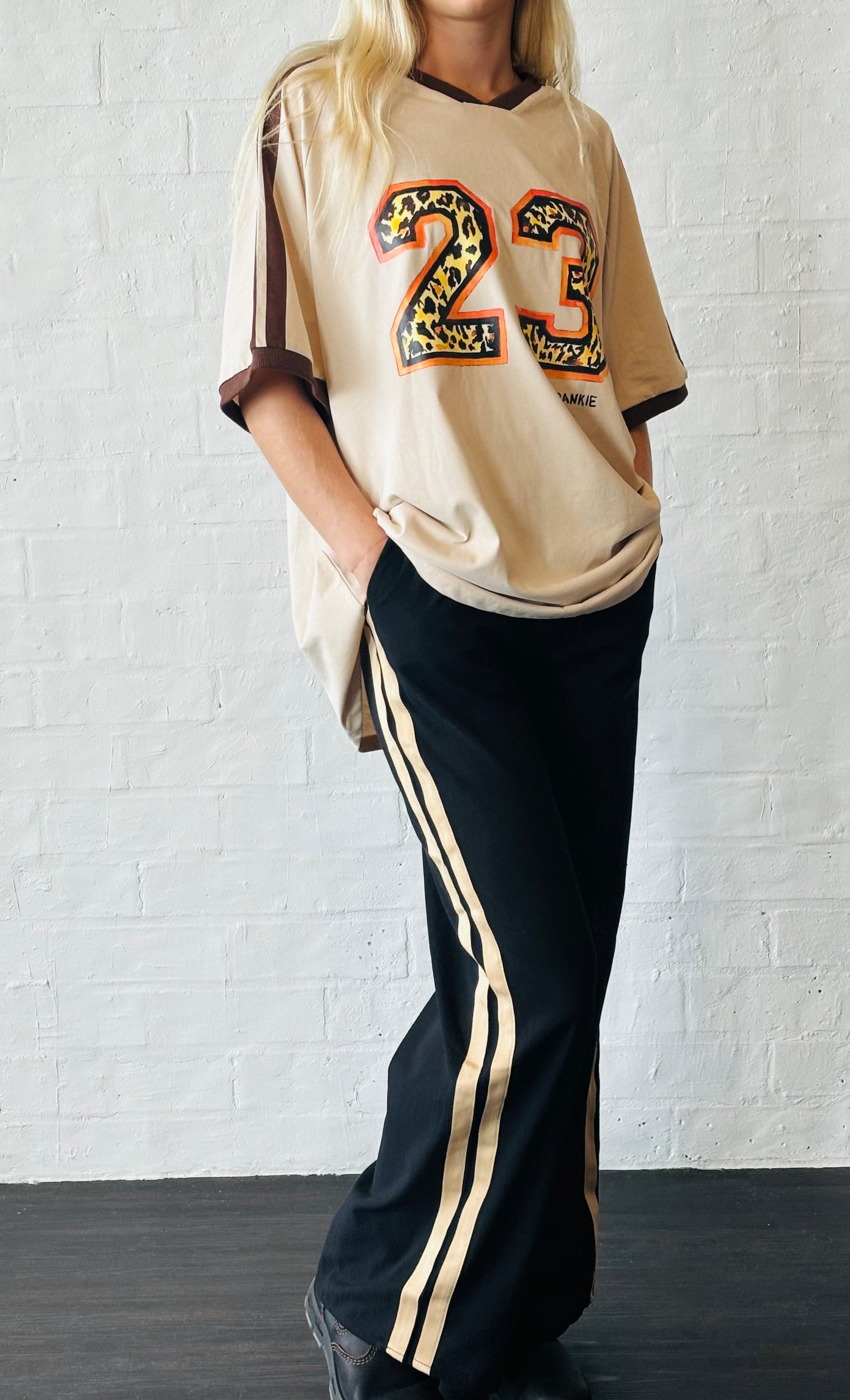 Black Racer Pants with Beige Stripe