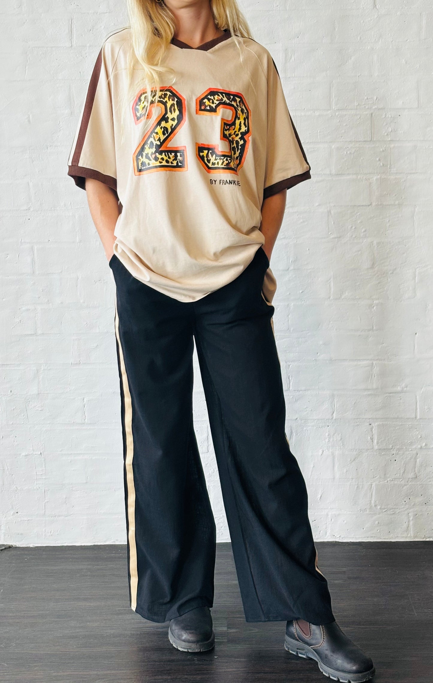 Black Racer Pants with Beige Stripe