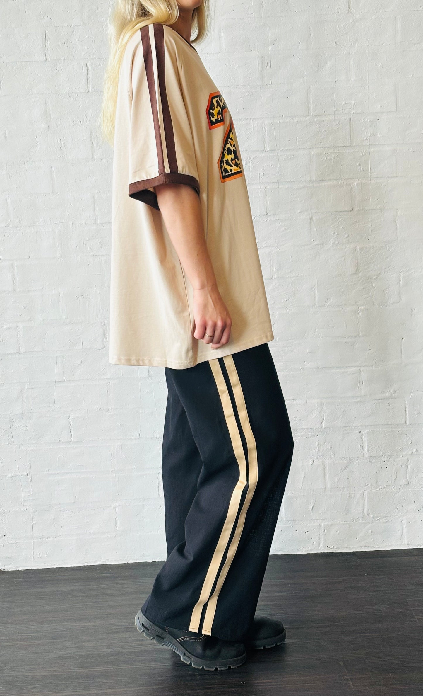 Black Racer Pants with Beige Stripe
