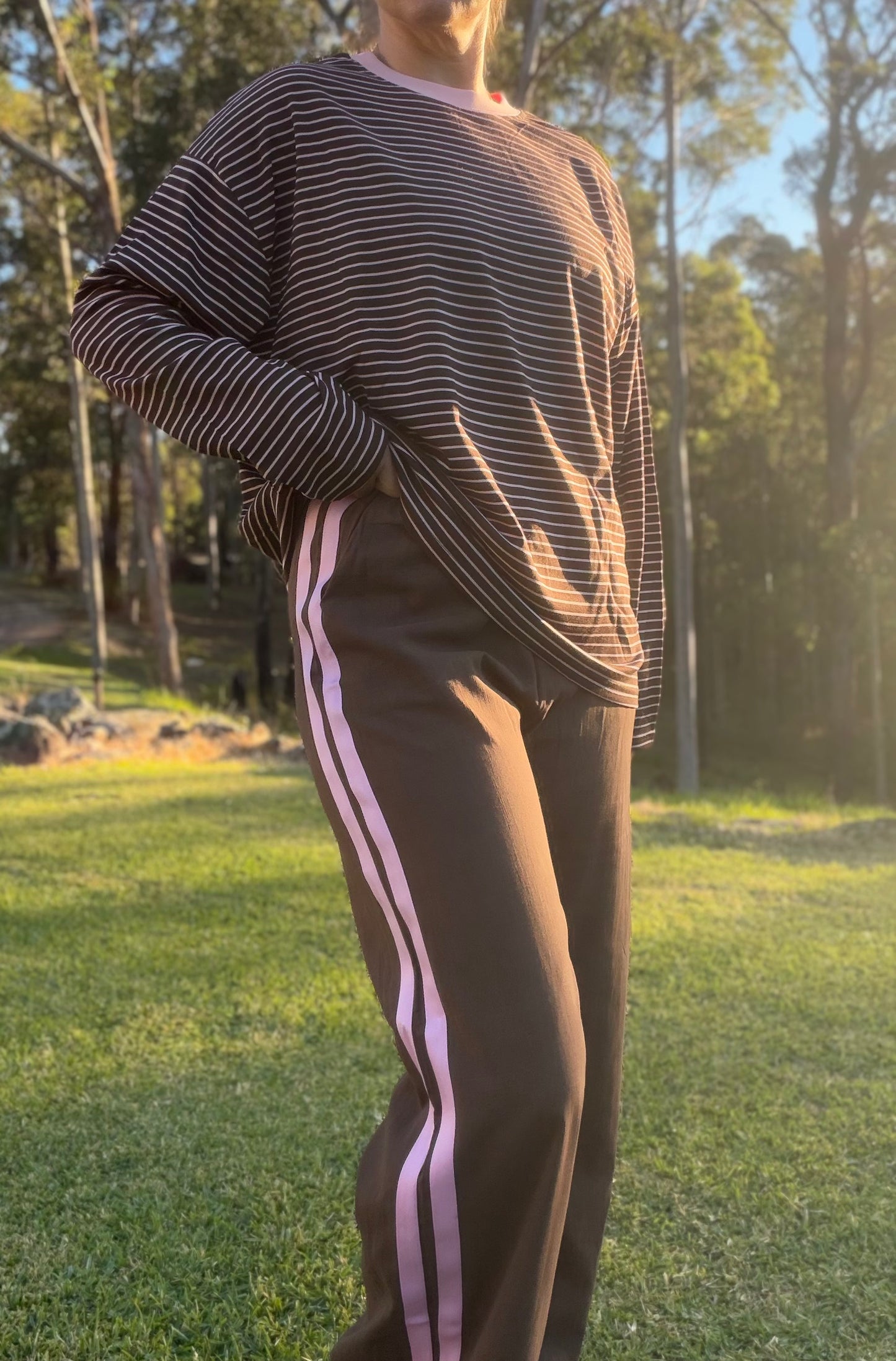 By Frankie chocolate racer pants with Pink Stripe