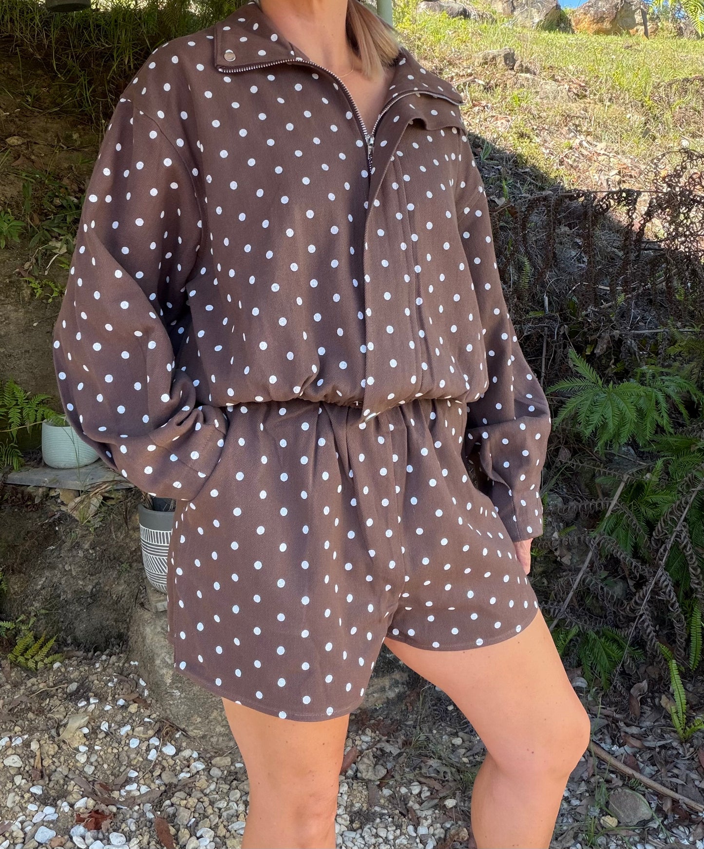 Chocolate polka dot Shorts in denim