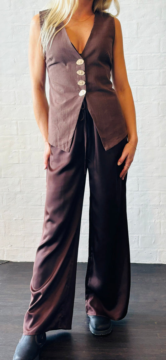 Frankie Satin  Pants in Chocolate