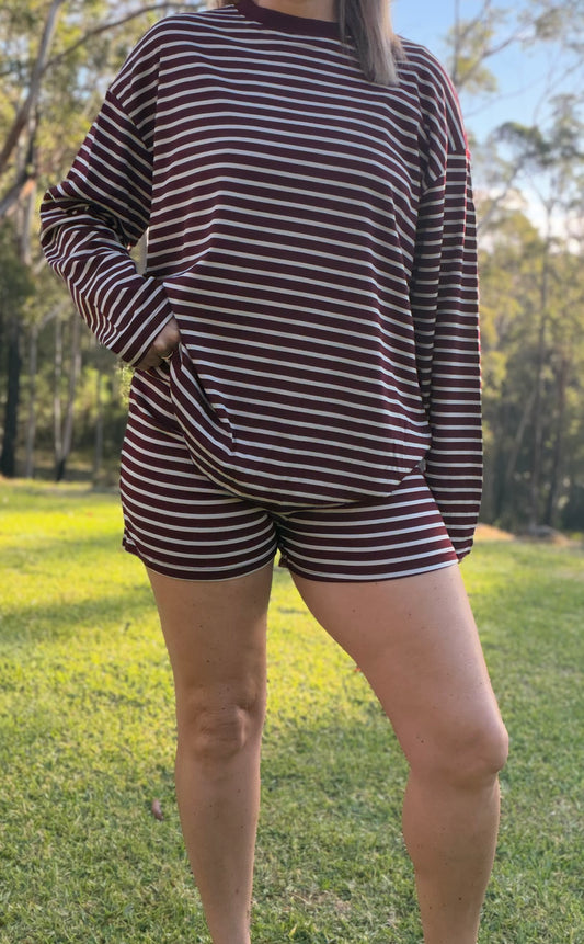 By Frankie Burgundy/Beige Stripe Short Set