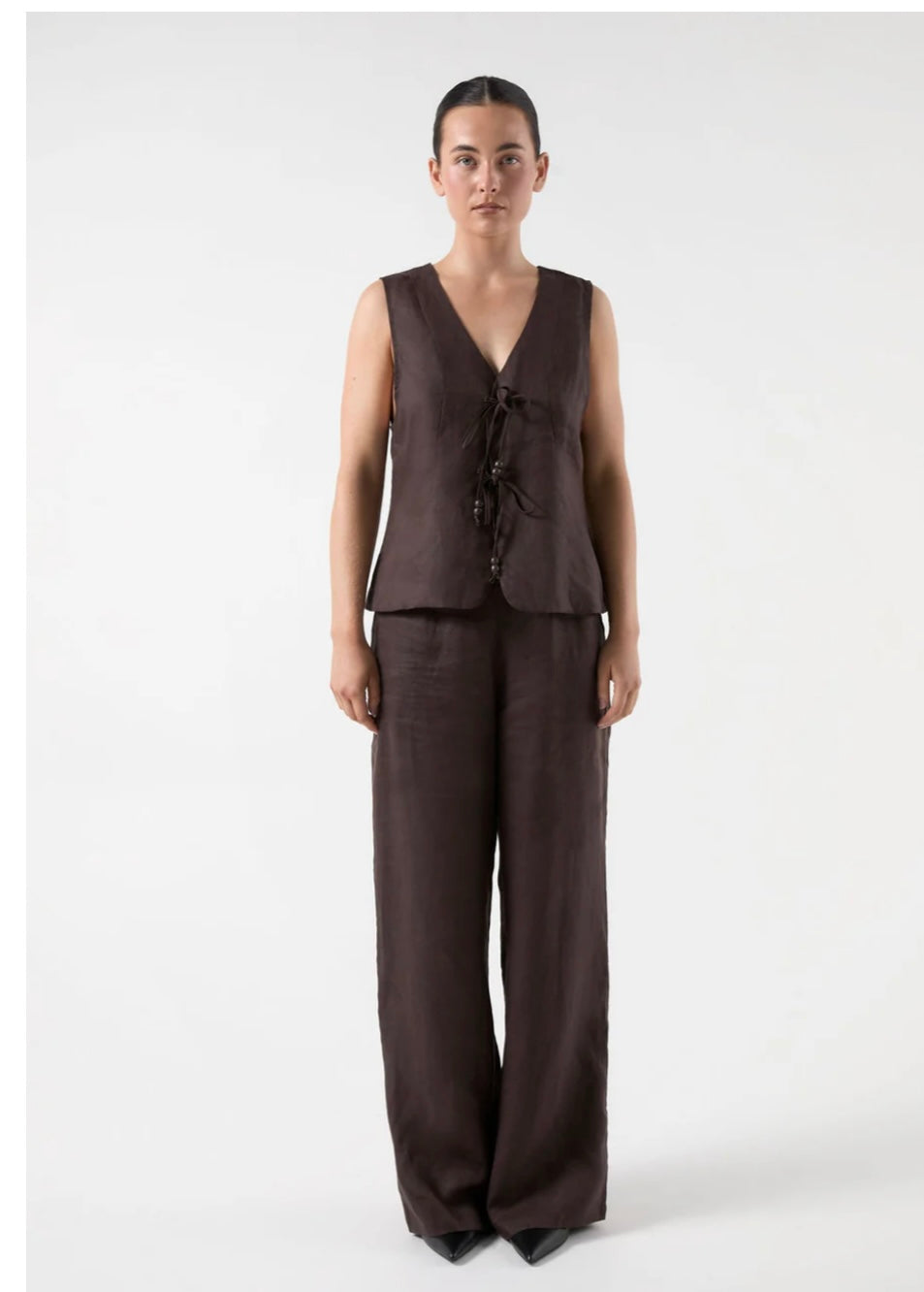 Claudia Chocolate Linen Tie Vest