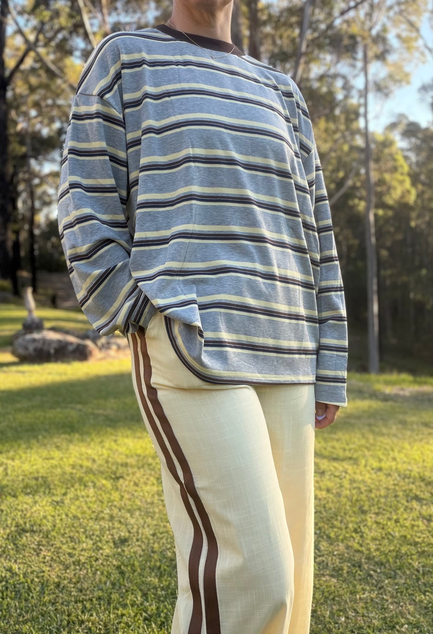 By Frankie Grey/Choc/Yellow Stripe long sleeve Tee