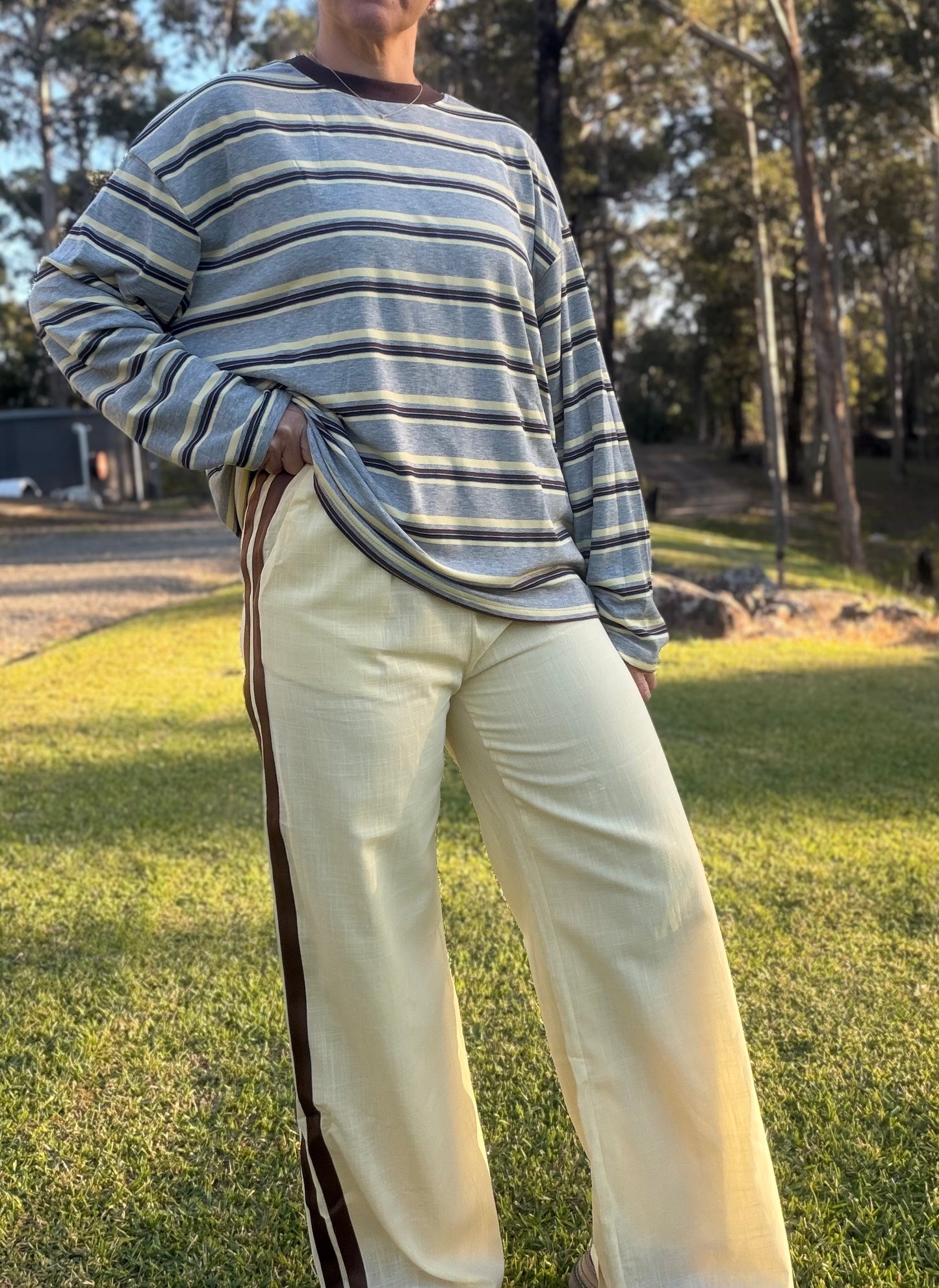By Frankie Yellow Racer Pants with chocolate Stripe