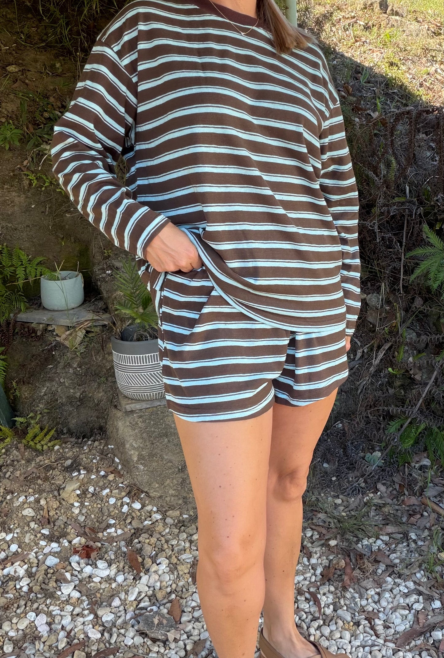 By Frankie Chocolate Blue Stripe Long Sleeve short set