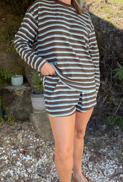 By Frankie Chocolate Blue Stripe Long Sleeve short set