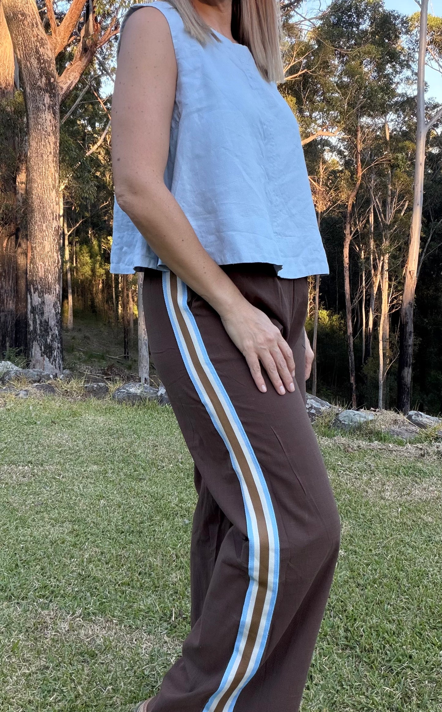 By Frankie ChocolateRacer Pants with Blue/Mocha Stripe