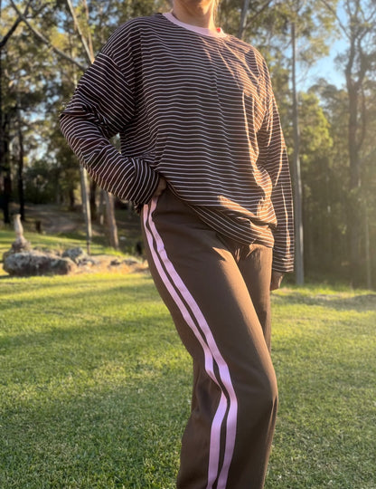 By Frankie chocolate racer pants with Pink Stripe