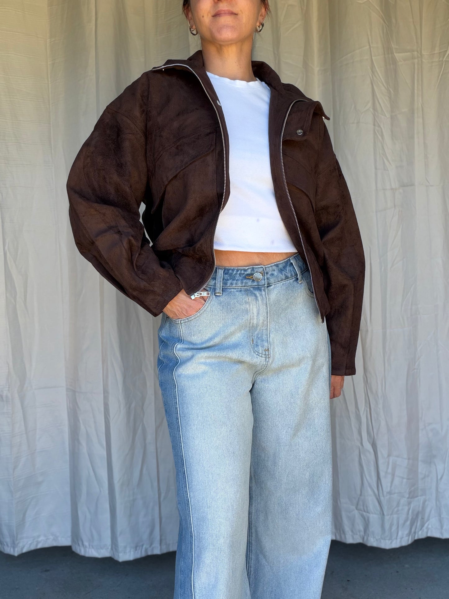 By Frankie - Chocolate Faux Suede Bomber Jacket
