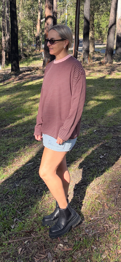 By Frankie Chocolate Pink  Stripe Long Sleeve tee