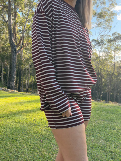 By Frankie Burgundy/Beige Stripe Short Set