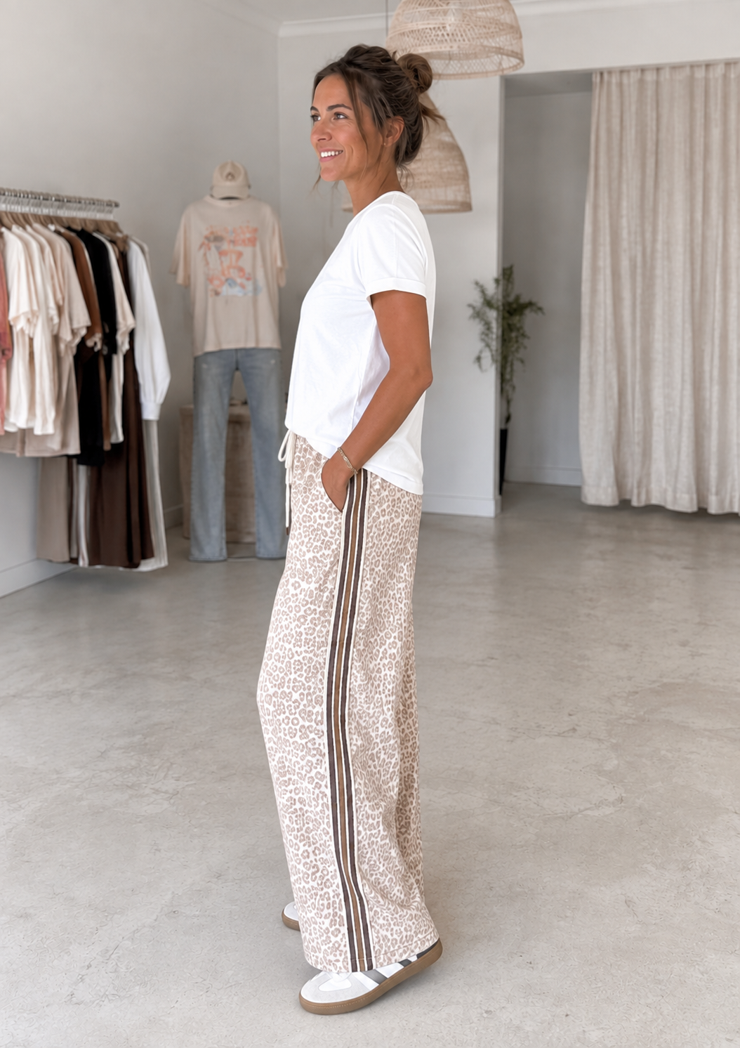 Faded Leopard Racer Pants with Brown Stripe