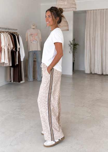 Faded Leopard Racer Pants with Brown Stripe
